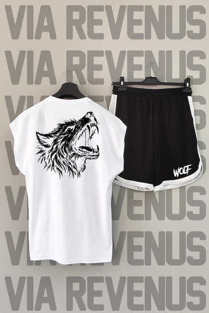 Wolf / Wolf Back Printed White Sleeveless Sports T-Shirt and Black Shorts Sport Set
