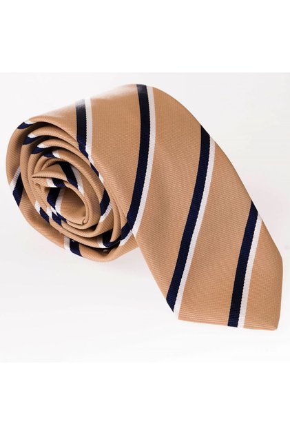 Beige Navy Blue White Striped Italian Pattern Handmade Tie