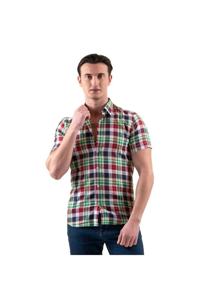 Red Green Blue Plaid Checked Cotton Slim Fit Short Sleeve Summer Shirt