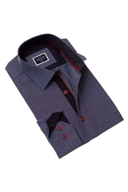 Denim Blue Slim Fit Shirt with Claret Red Detail on Collar and Cuffs