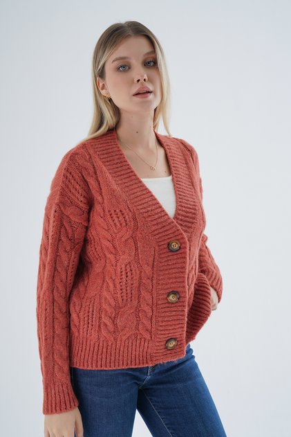 Women's Tile Oversize V-Neck Hair Braided Openwork Buttoned Wool Blend Knitwear Knitted Long Cardigan
