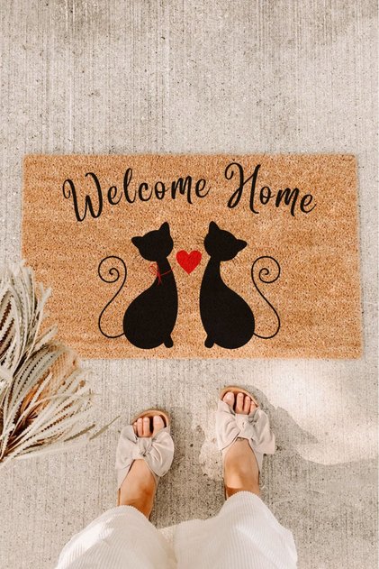 Welcome Home with Cat and Heart Koko Door Mat