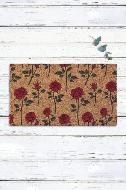 Red rose patterned pvc coco door front mat