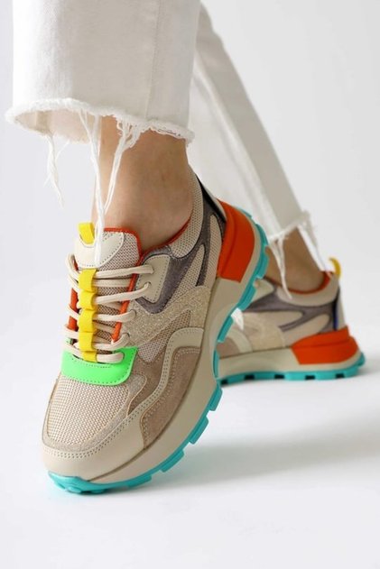 Ortopedik Kauçuk Kaymaz Taban File Detaylı Çok Renkli Kadın Günlük Bağcıklı Sneakers