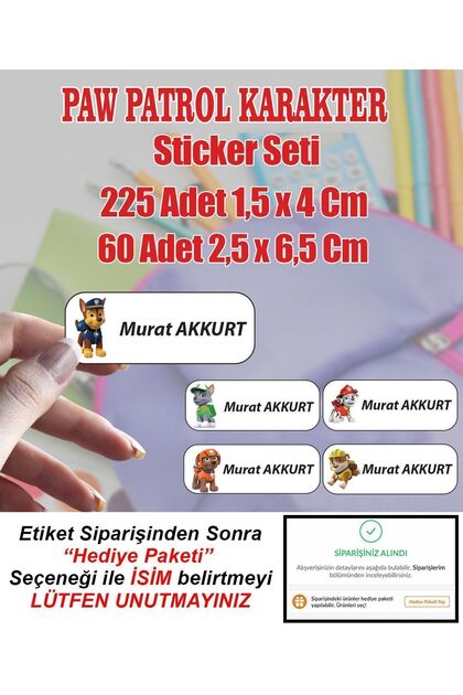 Okul Etiketi Defter Kalem Matara Çanta Kalem Kutu Paw Patrol Karakter Kişiye Özel İsim Yazılı