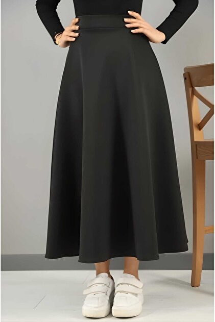 Scuba Fabric Hijab Flared Skirt Black