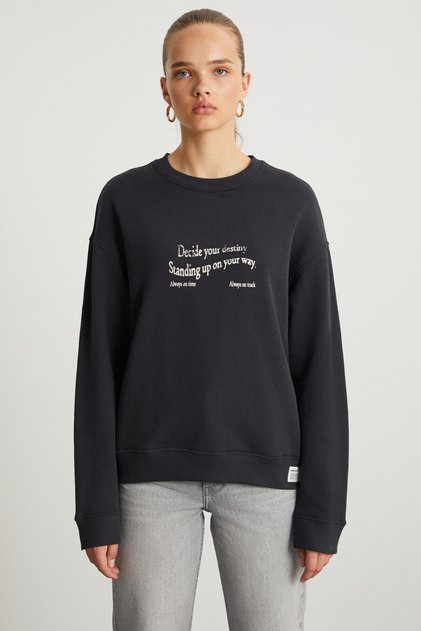RONJA Baskılı Oversize Fit Yuvarlak Yakalı Uzun Kol Süs Etiket Detaylı Antrasit Sweatshirt