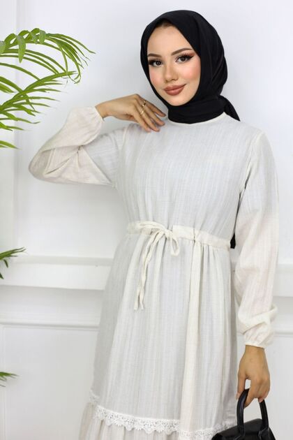 Women's Ecru Wrap Fabric Waist Lace-up Lace Detailed Hijab Dress