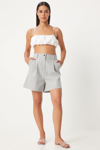 Women's Gray Pleated Viscose Shorts To00146