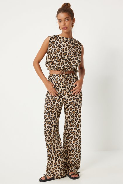 Women's Cream Brown Leopard Patterned Sleeveless Blouse Trousers Woven Set Wf00082