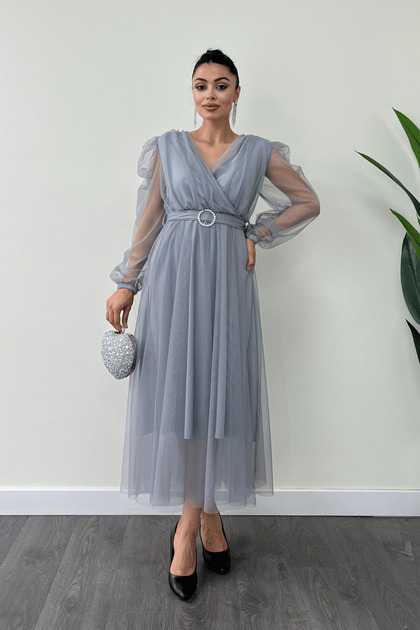 Rochie din tul, cu guler petrecut dublu, detaliu curea cu pietre, gri