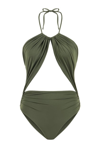 Halter Neck Low-Cut Khaki Swimsuit