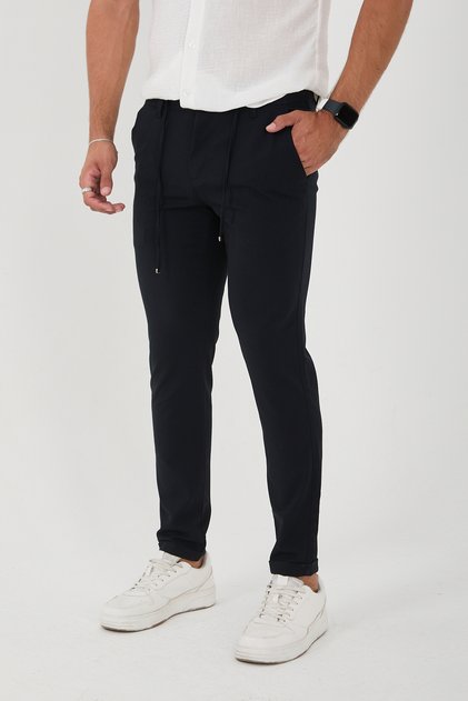 Men's Jogger Slimfit Waist Half Elastic Double Leg Navy Blue Fabric Trousers