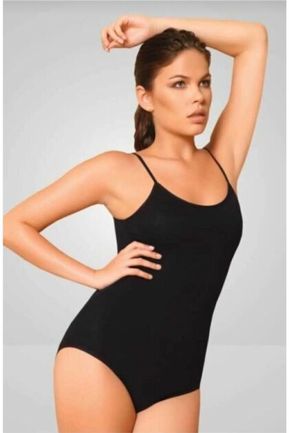 Women's Black Rope Strap Snap Fastener Bodysuit