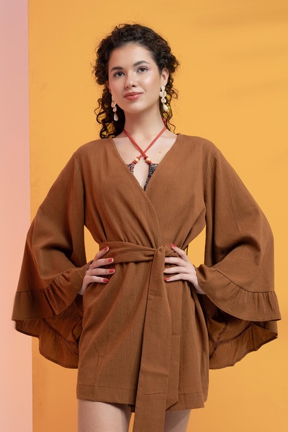 100% Cotton Flounced Belted Kimono