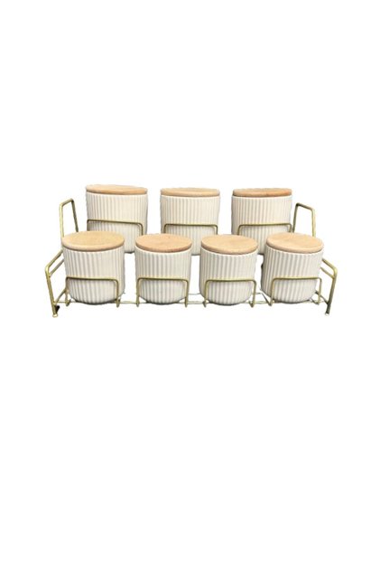 Gold Stand 7-Compartment White Porcelain Spice Set with Bamboo Lid Kitchen Organizer - Metal Stainless Steel
