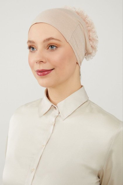 Women's Hijab Magic Adhesive Non-Slip Ruffled Padded Bun Bonnet Beige