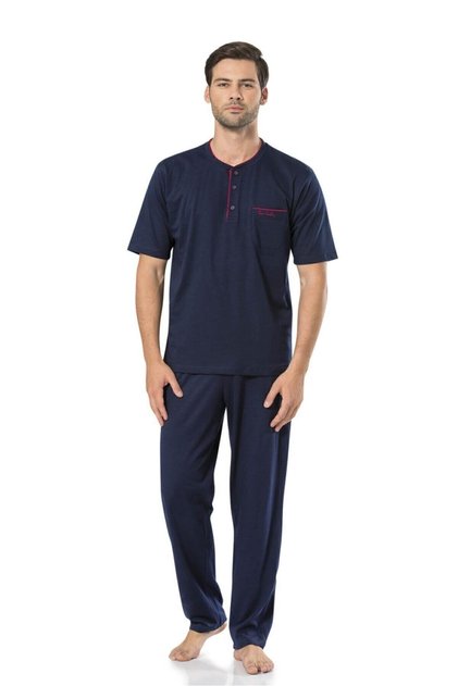 100% Cotton Men's Dark Blue 3-Piece Combed Cotton Pajama Set with Short Sleeve Shorts