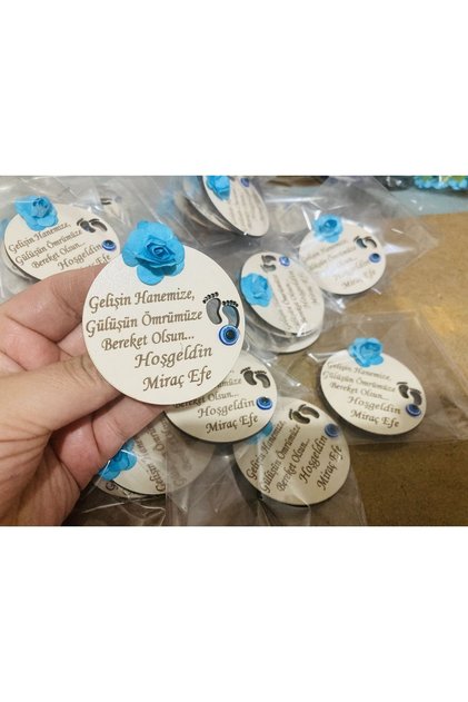 20 Adet Ahşap Çiçekli Süslü Bebek Mevlüt Doğum Sünnet Hatırası Magnet Dualı