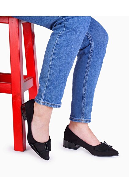 Black Luxury Suede Ballerina Shoes with Airplane Bow and Patent Leather Combination