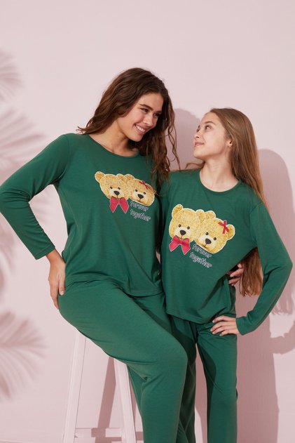 Green Printed Cotton Knitted Pajama Set 24241068