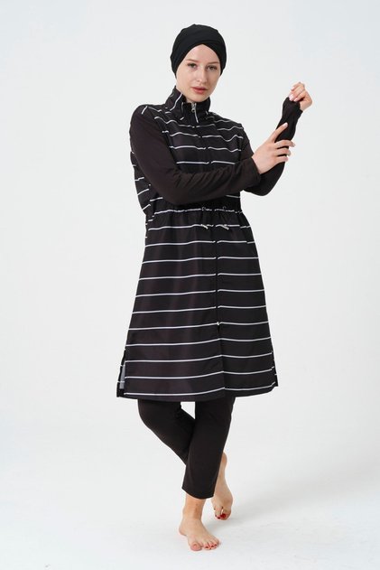 Women's Striped Full Hijab Swimsuit with Tights Boneli 3 Piece Set Full Hijab Swimsuit
