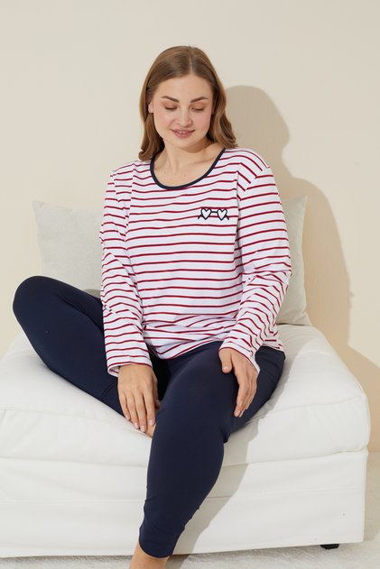 Red and White Striped Patterned Embroidered Cotton Curve Large Size Oversized Knitted Pajama Set 24240638