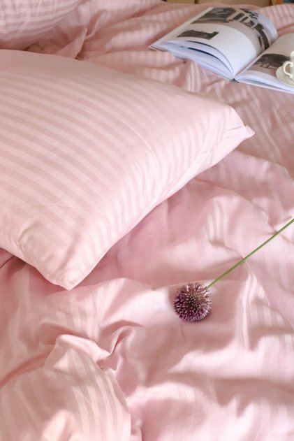 Luxury Hotel Series Single Fitted Sheet Striped Cotton Satin Duvet Cover Set Pink Color
