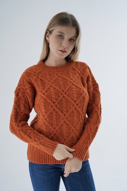 Women's Orange Crew Neck Braided Wool Blended Special Yarn Knitwear Knitted Sweater Trist-6164