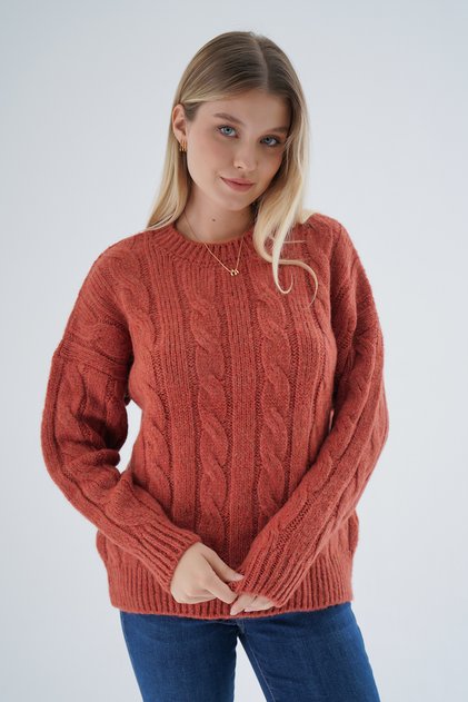 Pulover tricotat pentru femei, model Tile Oversize, cu guler rotund, cu fir special împletit din lână, TRIST-6167