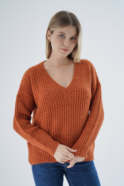 Women's Orange Oversize V-Neck Nopen Thessaloniki Knitted Wool Special Yarn Knitwear Knitted Sweater Trist-6160
