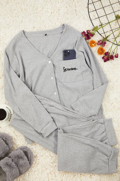 Gray Ribbed Embroidered Knitted Pajamas Set Tbbaw25Ai00026