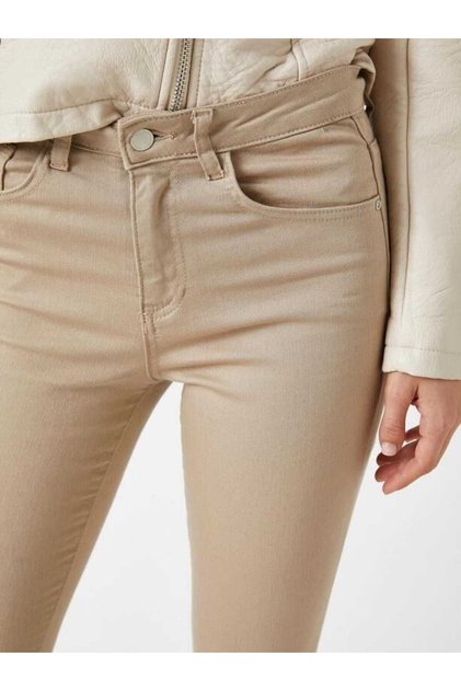 Delux Bej Yüksek Bel Dar Paça Skinny Likralı Kot Pantalon