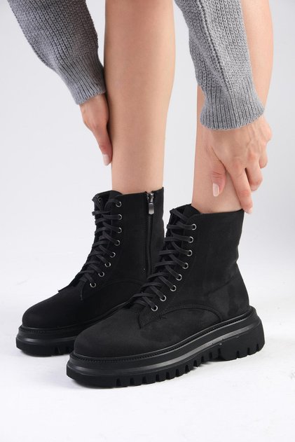 Alex Black Color Suede Lace Up and Zipper Thick Soled Women's Boots