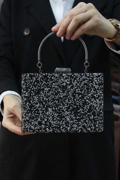 Kadın Siyah Taşlı Abiye Clutch Portföy Çanta