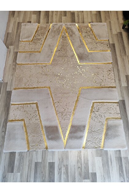 KRAL HOME Gold Çizgili Koyu Krem Renk Peluş Halı - Fiyatı, Yorumları