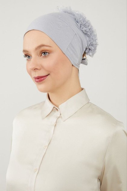 Women's Hijab Magic Adhesive Non-Slip Ruffled Padded Bun Cap Light Gray