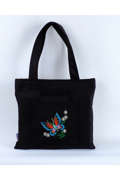 Butikmutik Kelebek Nakışlı Fermuarlı Kanvas Bez Çanta (Siyah)