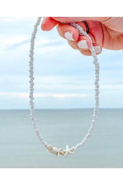 Turquoise White Starfish Crimped Stone Pendant White Sand Bead Summer Necklace