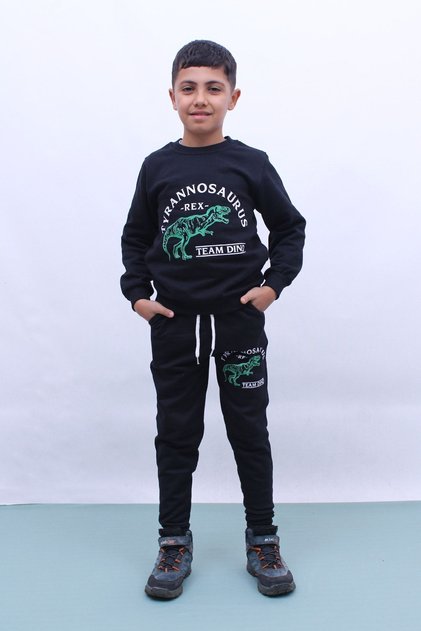Winter Thick Fabric, Raised, Team Dino Text Printed Boy's Tracksuit Set