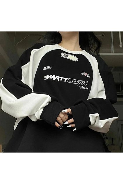 Unisex Büyük Beden Streetwear Smarttooth Baskılı Siyah Parçalı Oversize Bisiklet Yaka Sweatshirt