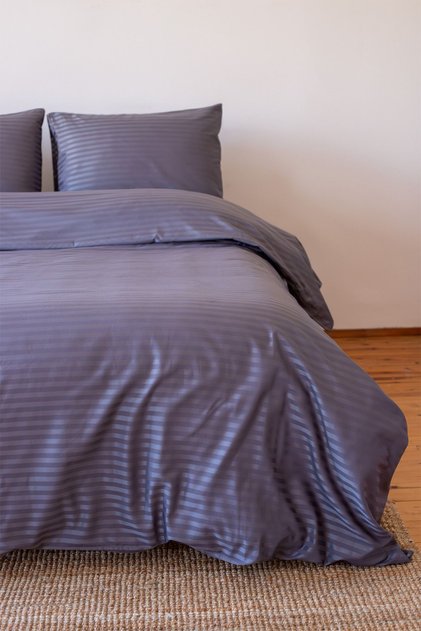 5 Star Luxury Hotel Type Double Elastic Striped Cotton Satin Duvet Cover Set Anthracite Color