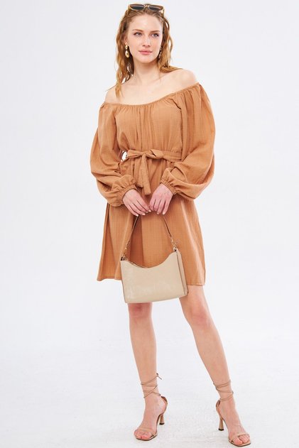 Women's Mink Ikositria Dress Carmen Collar Waist Belted Mini Size ARM-24Y001046