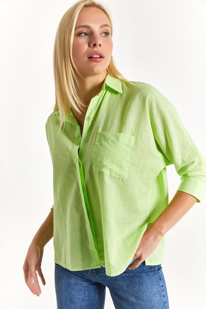 Women's Neon Yellow Pocketed Casual Linen Shirt Arm-21y001035