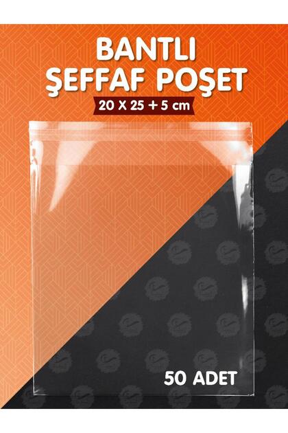 Bantlı Şeffaf Poşet (20x25+5cm) 50 Adet Parlak Jelatin Paket Hediye Poşeti -T1019