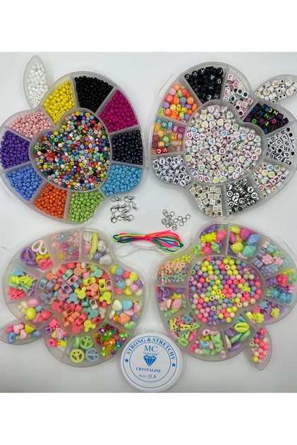 4'lü Elma Desenli Kutu Kum Boncuk Harf Boncuk Ve Figür Boncuk Takı Yapım 4 Lü Set