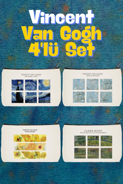 Kampanyalı Van Gogh 2 Baskılı 4'lü Makyaj Çantası, Kalemlik, Cüzdan