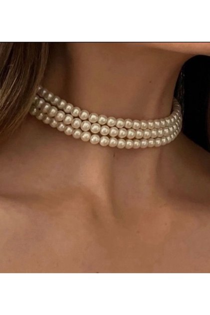 Üçlü 8 Mm Mayorka Incili Choker Kolye
