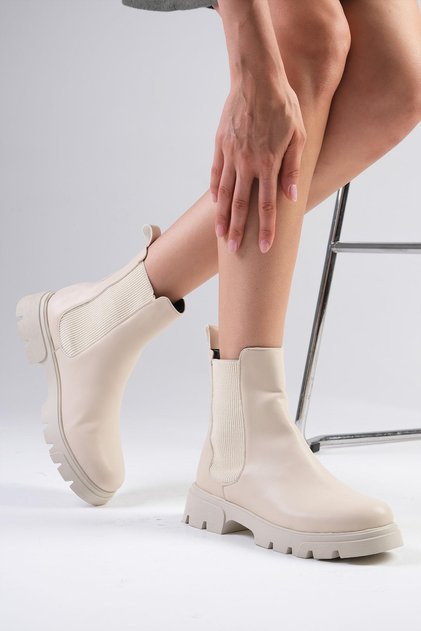 Debora Beige Color Thin Fur Lined Elastic Thick Soled Women's Boots