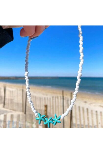 Turquoise White Starfish Crimped Stone Pendant White Sand Bead Summer Necklace